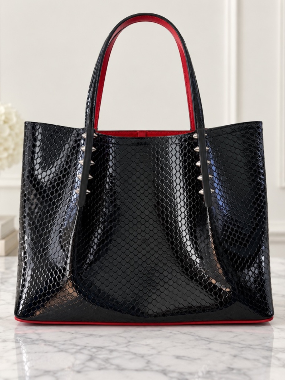 Christian Louboutin Black Embossed Patent Leather Tote Bag Authentic